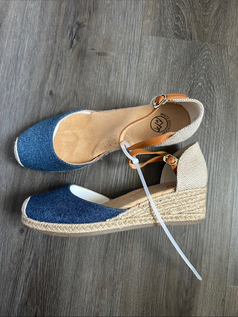 White Mountain Denim Espadrille Wedge Sandals with Tan Straps size 9